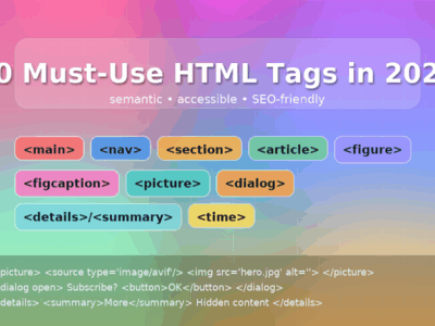 Colorful gradient banner titled “10 Must-Use HTML Tags in 2025,” with pill chips for , , , , , , , , /, and .