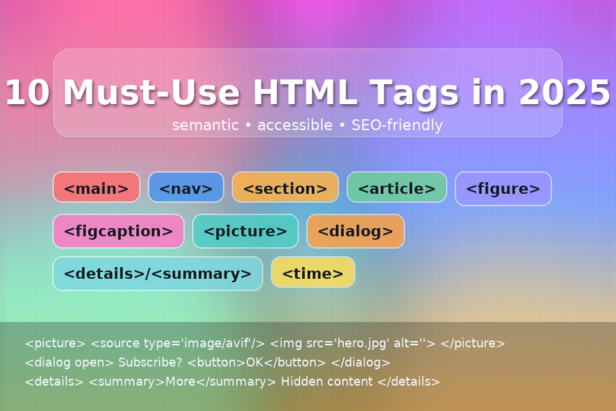 Colorful gradient banner titled “10 Must-Use HTML Tags in 2025,” with pill chips for , , , , , , , , /, and .