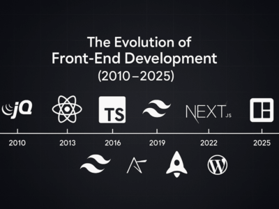 Evolution of front-end development 2010–2025 — timeline of tools, frameworks, and CSS.