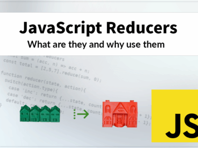Light abstract background with faded JavaScript code, several green monopoly-style houses and one red hotel, and the title “JavaScript Reducers — What Are They and Why Use Them.”