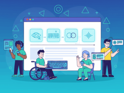 Illustration of web accessibility features including keyboard navigation, screen readers, and contrast settings for inclusive website design