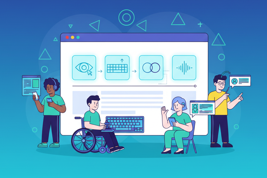 Illustration of web accessibility features including keyboard navigation, screen readers, and contrast settings for inclusive website design