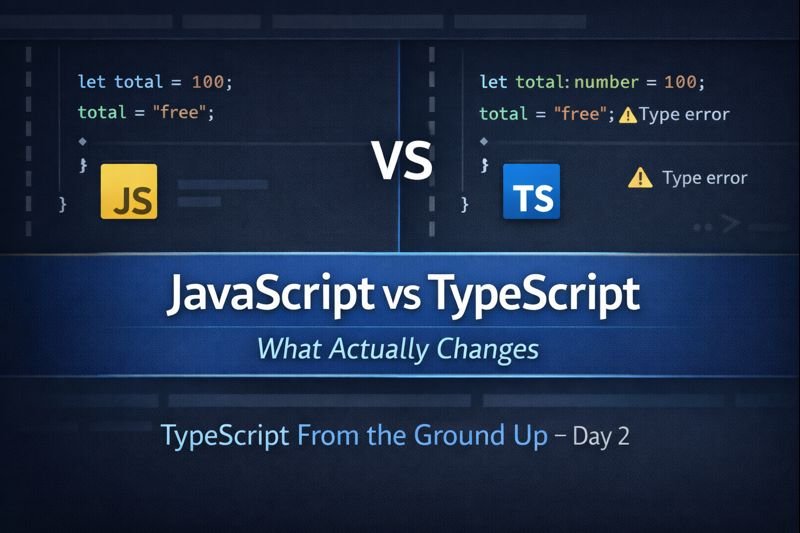 Visual comparison of JavaScript and TypeScript showing type flexibility versus type safety