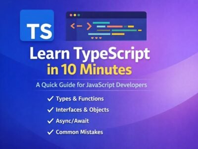 Learn TypeScript in 10 minutes showing TypeScript code examples with types, interfaces, and async functions for JavaScript developers