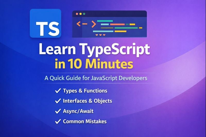 Learn TypeScript in 10 minutes showing TypeScript code examples with types, interfaces, and async functions for JavaScript developers