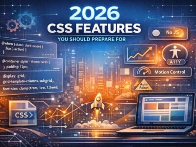 Futuristic illustration titled “2026 CSS Features You Should Prepare For” showing modern CSS concepts like @scope, anchor positioning, scroll-driven animations, grid lanes, and accessibility-first UI.
