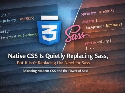 Split hero graphic showing CSS on the left with a native --primary variable and Sass on the right with $primary and a mixin, representing modern CSS taking over common Sass use cases.