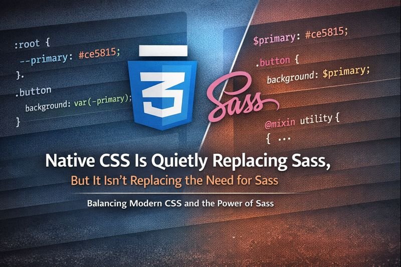 Split hero graphic showing CSS on the left with a native --primary variable and Sass on the right with $primary and a mixin, representing modern CSS taking over common Sass use cases.